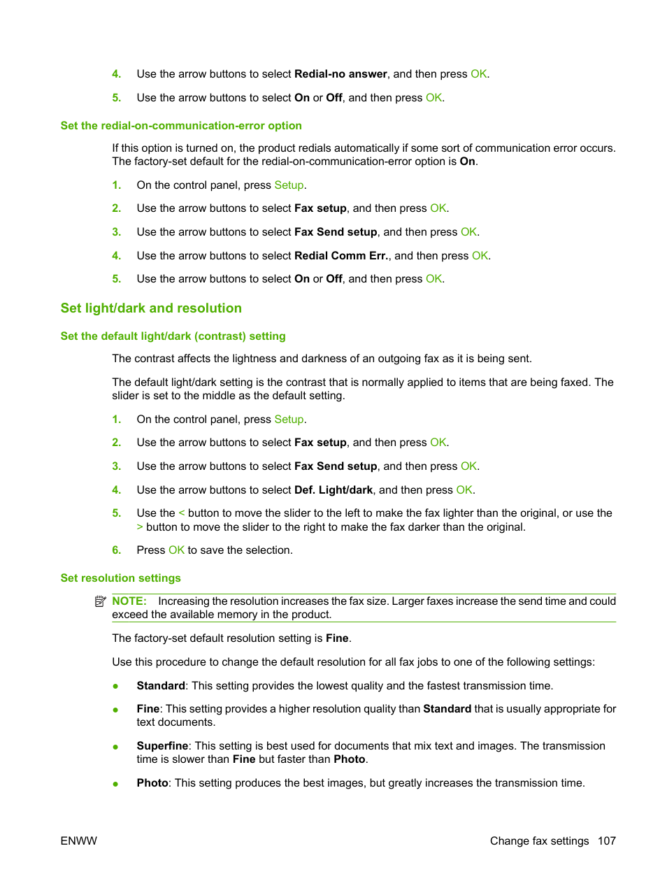 Set light/dark and resolution, Set the default light/dark (contrast) setting, Set resolution settings | HP LaserJet M2727 Multifunction Printer series User Manual | Page 119 / 266