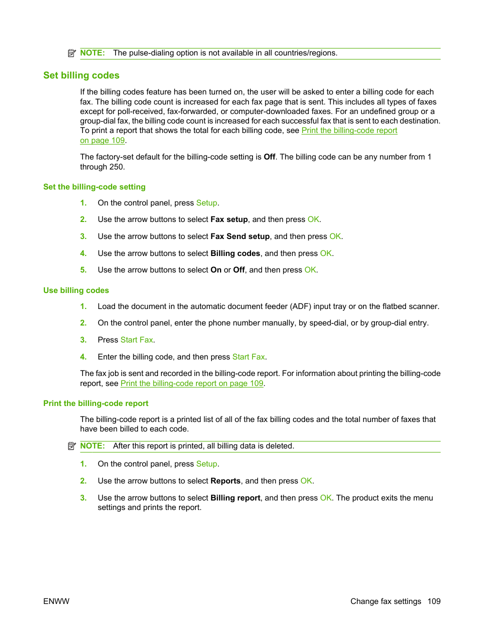 Set billing codes | HP LaserJet M2727 Multifunction Printer series User Manual | Page 121 / 266