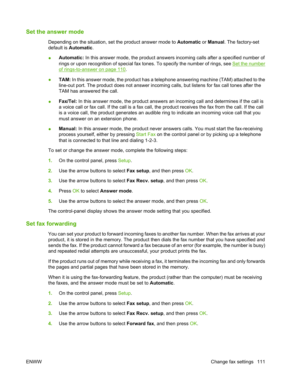 Set the answer mode, Set fax forwarding | HP LaserJet M2727 Multifunction Printer series User Manual | Page 123 / 266