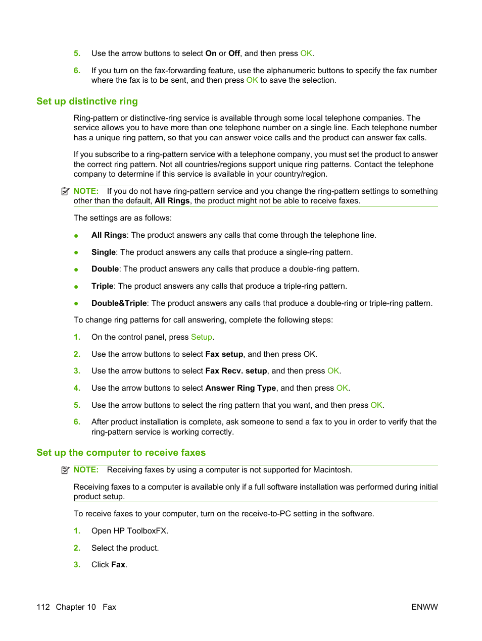 Set up distinctive ring, Set up the computer to receive faxes | HP LaserJet M2727 Multifunction Printer series User Manual | Page 124 / 266
