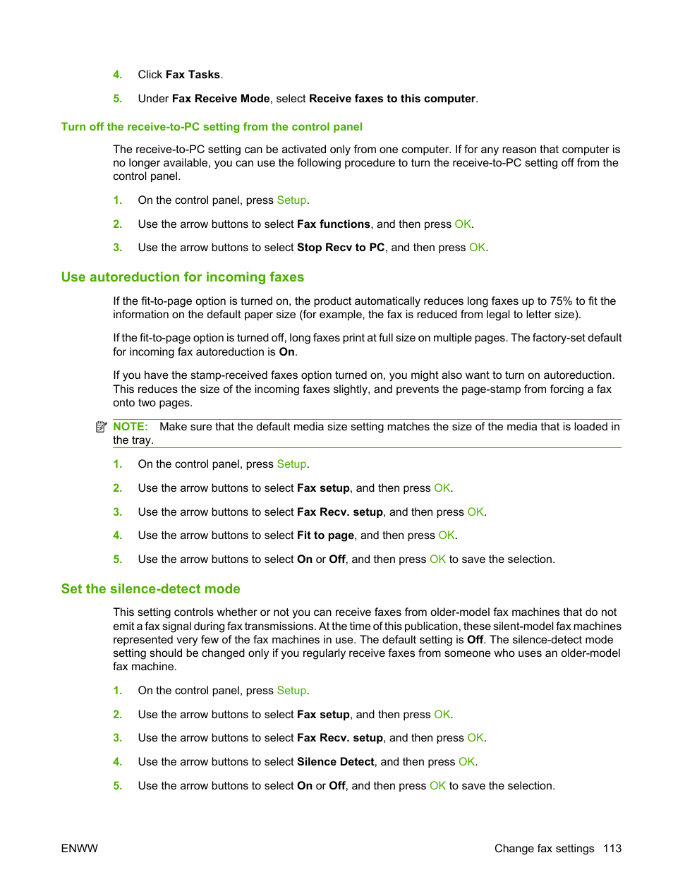 Use autoreduction for incoming faxes, Set the silence-detect mode | HP LaserJet M2727 Multifunction Printer series User Manual | Page 125 / 266