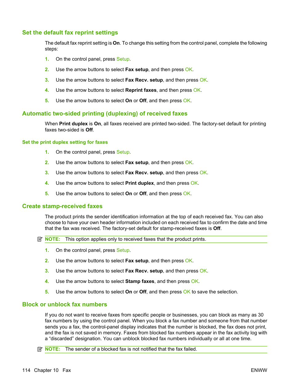 Set the default fax reprint settings, Create stamp-received faxes, Block or unblock fax numbers | HP LaserJet M2727 Multifunction Printer series User Manual | Page 126 / 266