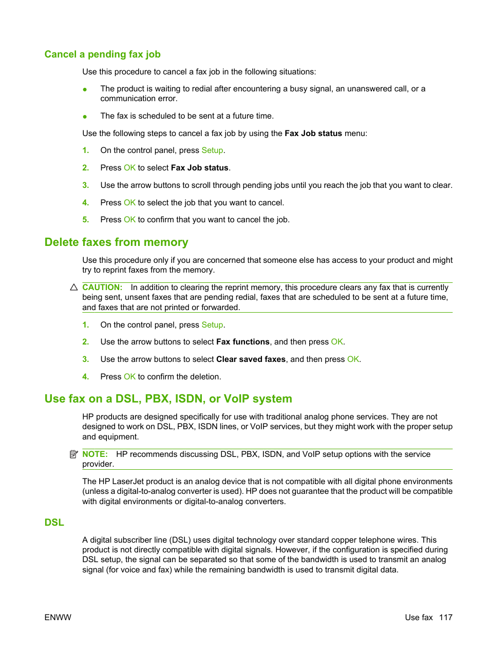 Cancel a pending fax job, Delete faxes from memory, Use fax on a dsl, pbx, isdn, or voip system | Ts, see, Use fax on a dsl | HP LaserJet M2727 Multifunction Printer series User Manual | Page 129 / 266