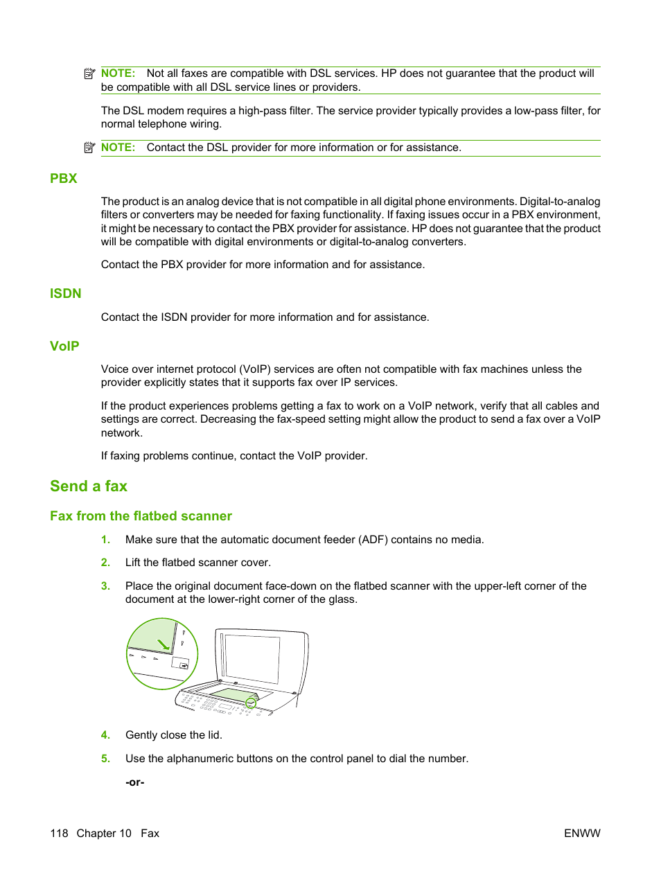 Isdn, Voip, Send a fax | Fax from the flatbed scanner | HP LaserJet M2727 Multifunction Printer series User Manual | Page 130 / 266