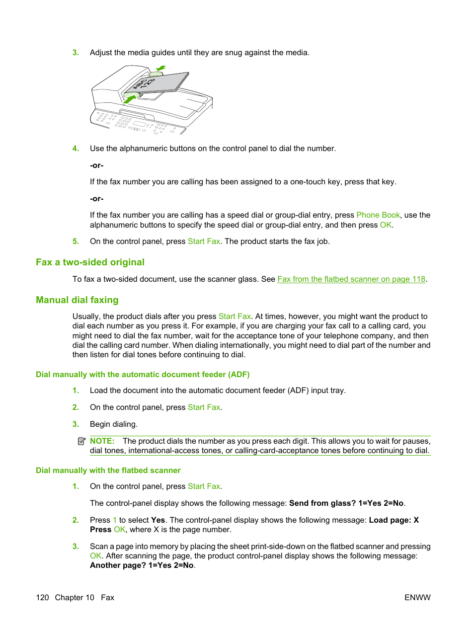 Fax a two-sided original, Manual dial faxing | HP LaserJet M2727 Multifunction Printer series User Manual | Page 132 / 266