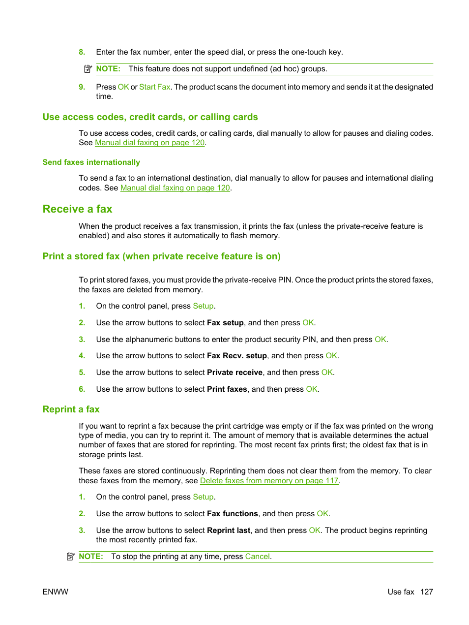 Use access codes, credit cards, or calling cards, Send faxes internationally, Receive a fax | Reprint a fax | HP LaserJet M2727 Multifunction Printer series User Manual | Page 139 / 266