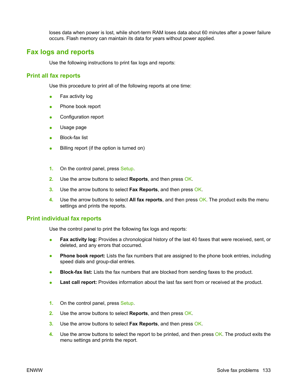 Fax logs and reports, Print all fax reports, Print individual fax reports | HP LaserJet M2727 Multifunction Printer series User Manual | Page 145 / 266