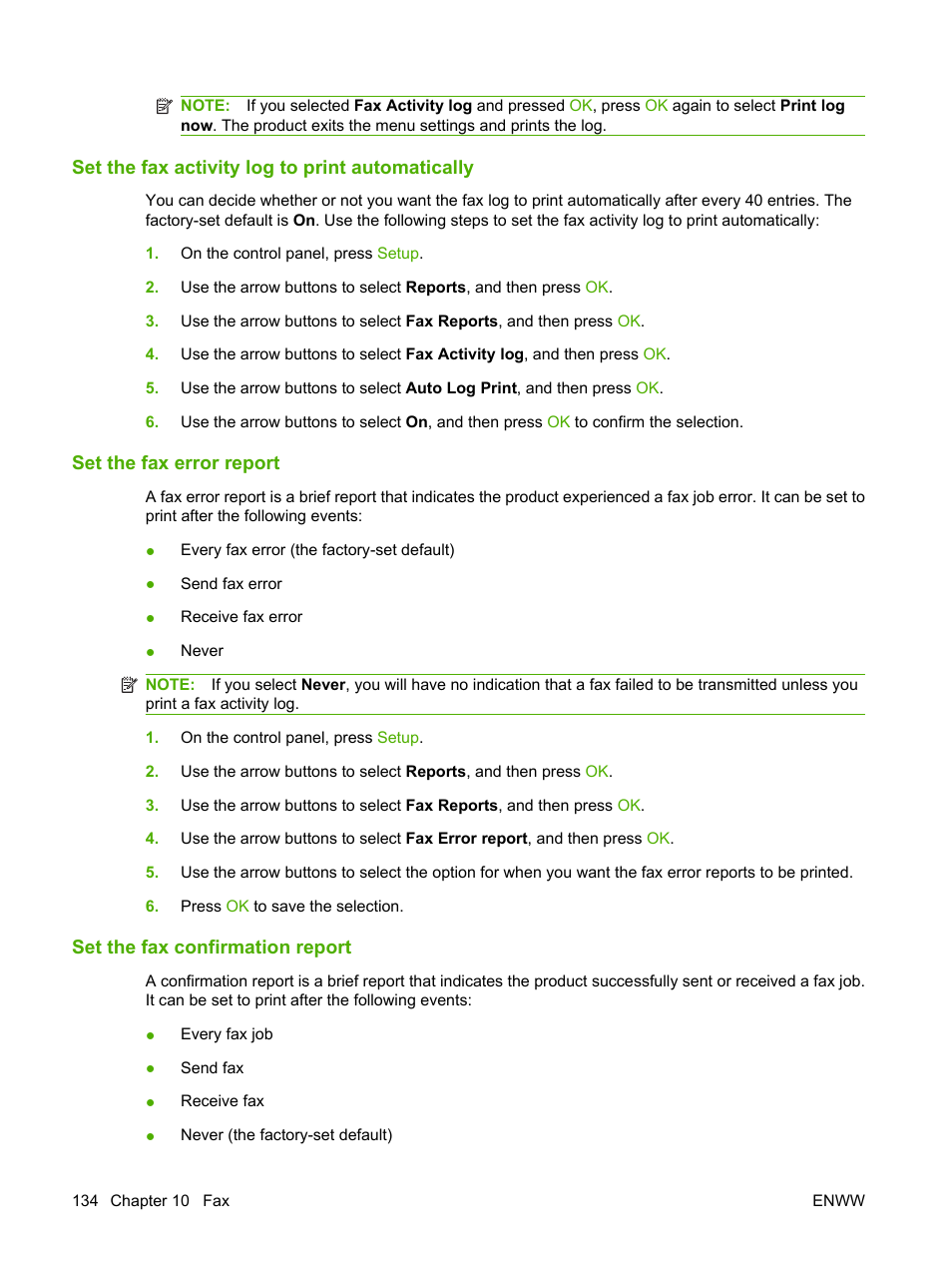 Set the fax activity log to print automatically, Set the fax error report, Set the fax confirmation report | HP LaserJet M2727 Multifunction Printer series User Manual | Page 146 / 266