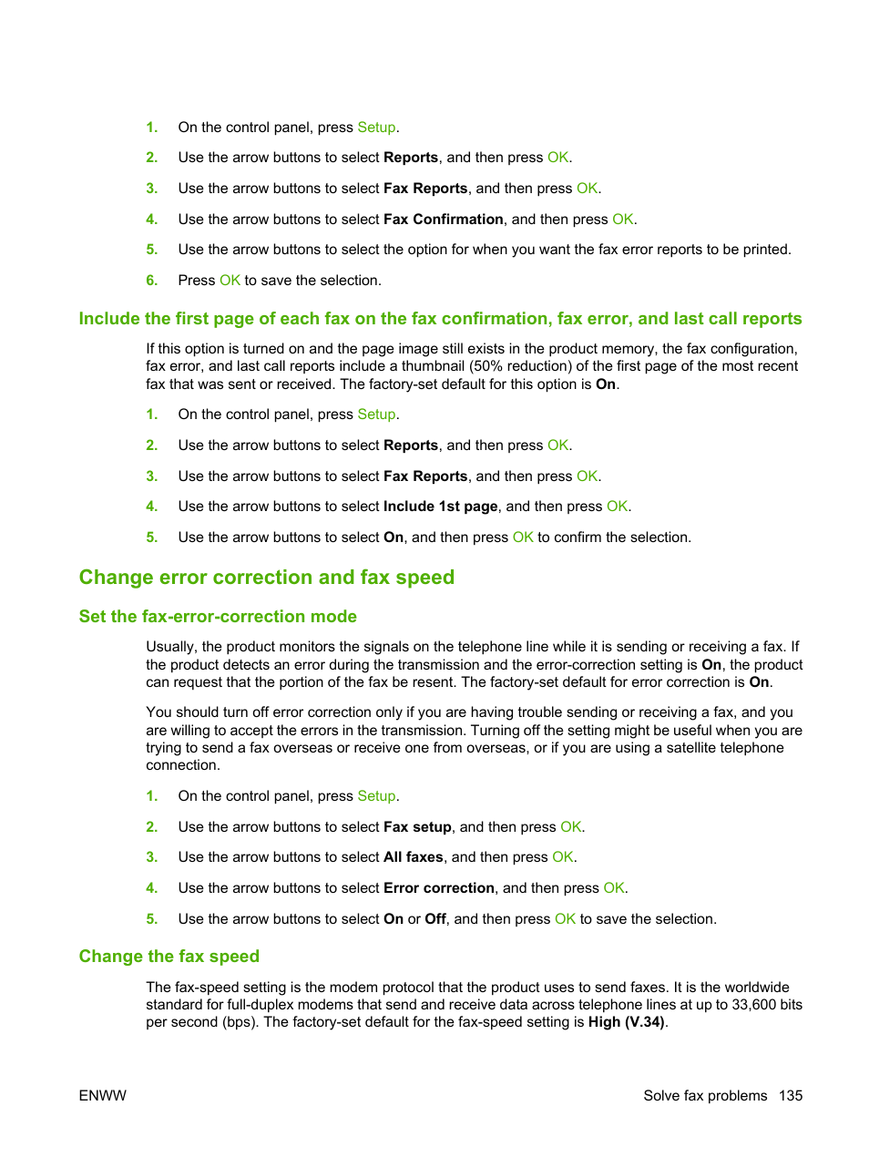 Change error correction and fax speed, Set the fax-error-correction mode, Change the fax speed | Change the fax, Set the | HP LaserJet M2727 Multifunction Printer series User Manual | Page 147 / 266