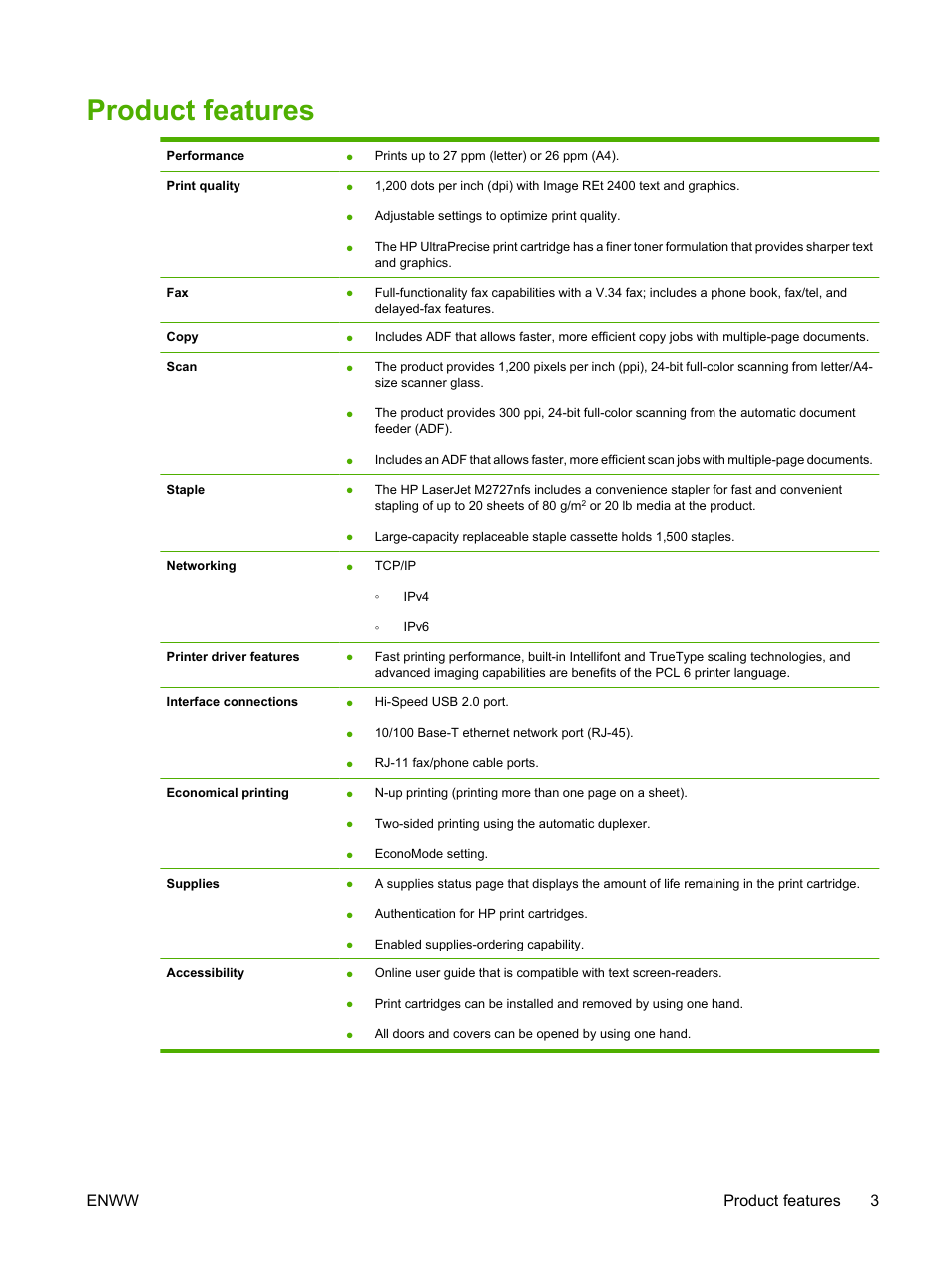 Product features, Enww product features 3 | HP LaserJet M2727 Multifunction Printer series User Manual | Page 15 / 266