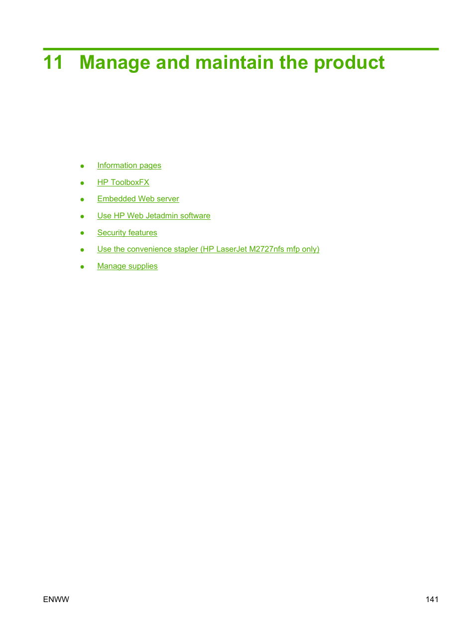 Manage and maintain the product, 11 manage and maintain the product | HP LaserJet M2727 Multifunction Printer series User Manual | Page 153 / 266