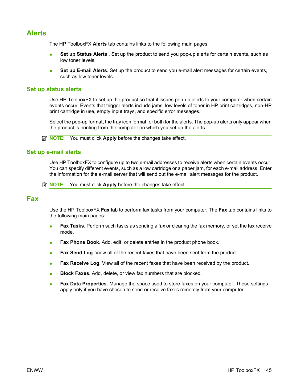 Alerts, Set up status alerts, Set up e-mail alerts | Alerts fax | HP LaserJet M2727 Multifunction Printer series User Manual | Page 157 / 266