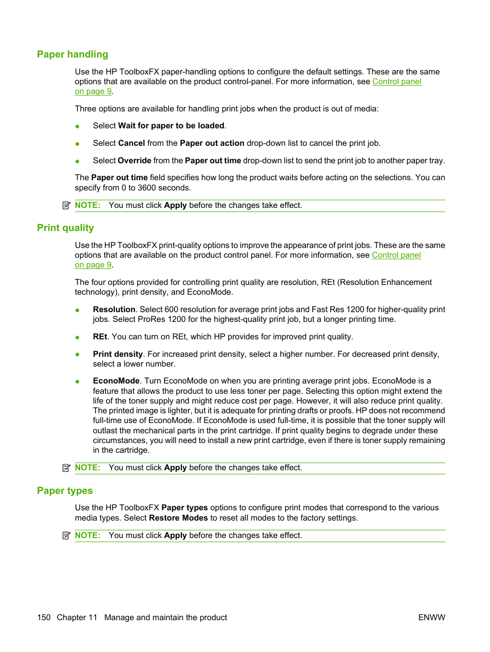 Paper handling, Print quality, Paper types | HP LaserJet M2727 Multifunction Printer series User Manual | Page 162 / 266