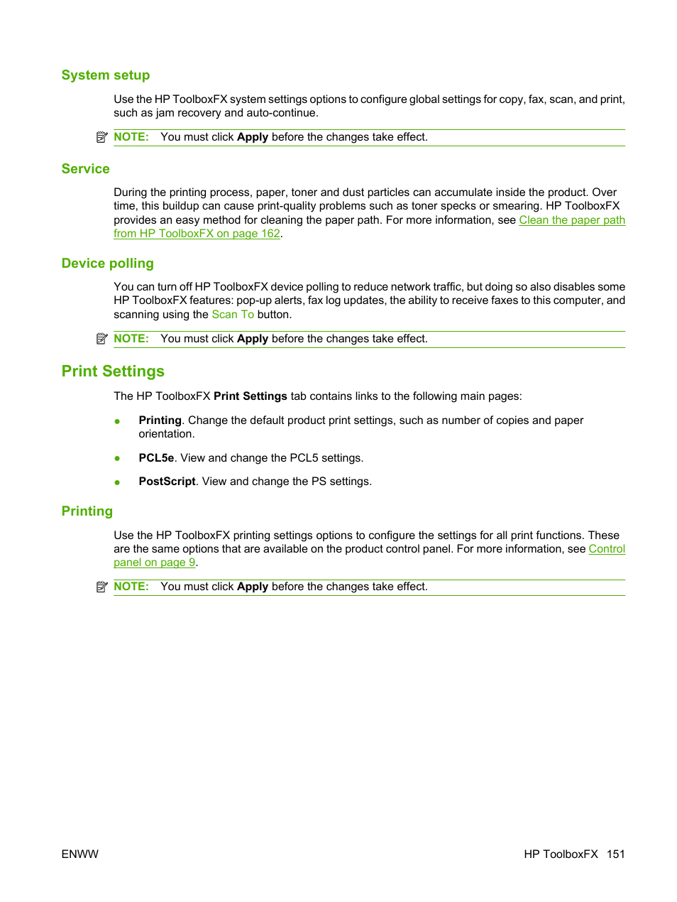 System setup, Service, Device polling | Print settings, Printing | HP LaserJet M2727 Multifunction Printer series User Manual | Page 163 / 266