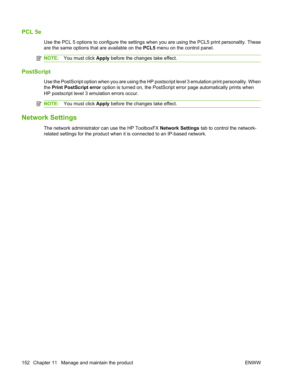 Pcl 5e, Postscript, Network settings | HP LaserJet M2727 Multifunction Printer series User Manual | Page 164 / 266