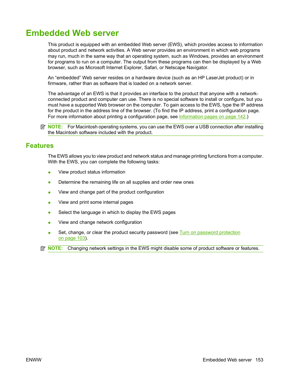 Embedded web server, Features | HP LaserJet M2727 Multifunction Printer series User Manual | Page 165 / 266