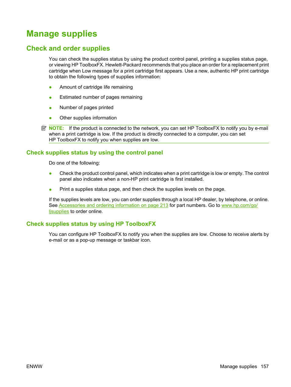 Manage supplies, Check and order supplies, Check supplies status by using the control panel | Check supplies status by using hp toolboxfx | HP LaserJet M2727 Multifunction Printer series User Manual | Page 169 / 266