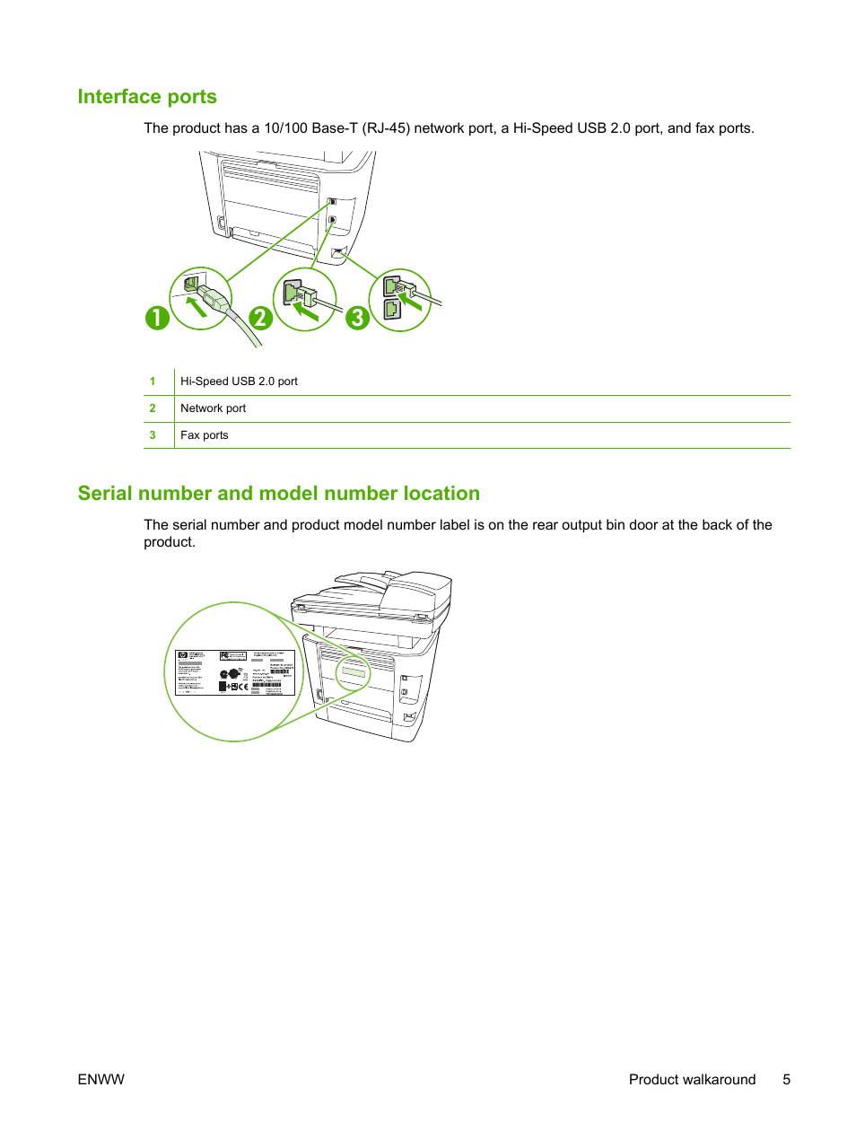 Interface ports, Serial number and model number location | HP LaserJet M2727 Multifunction Printer series User Manual | Page 17 / 266