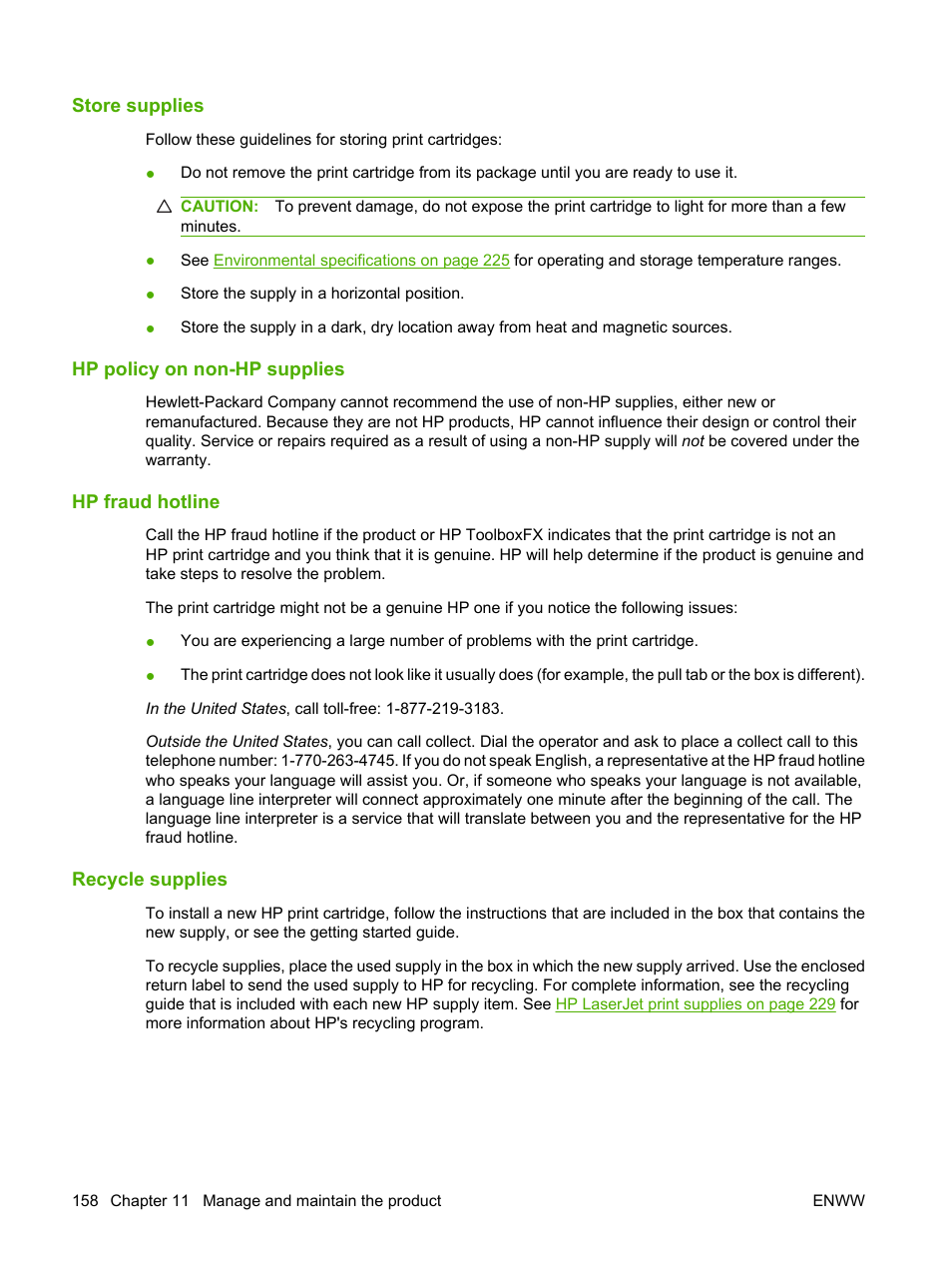 Store supplies, Hp policy on non-hp supplies, Hp fraud hotline | Recycle supplies | HP LaserJet M2727 Multifunction Printer series User Manual | Page 170 / 266