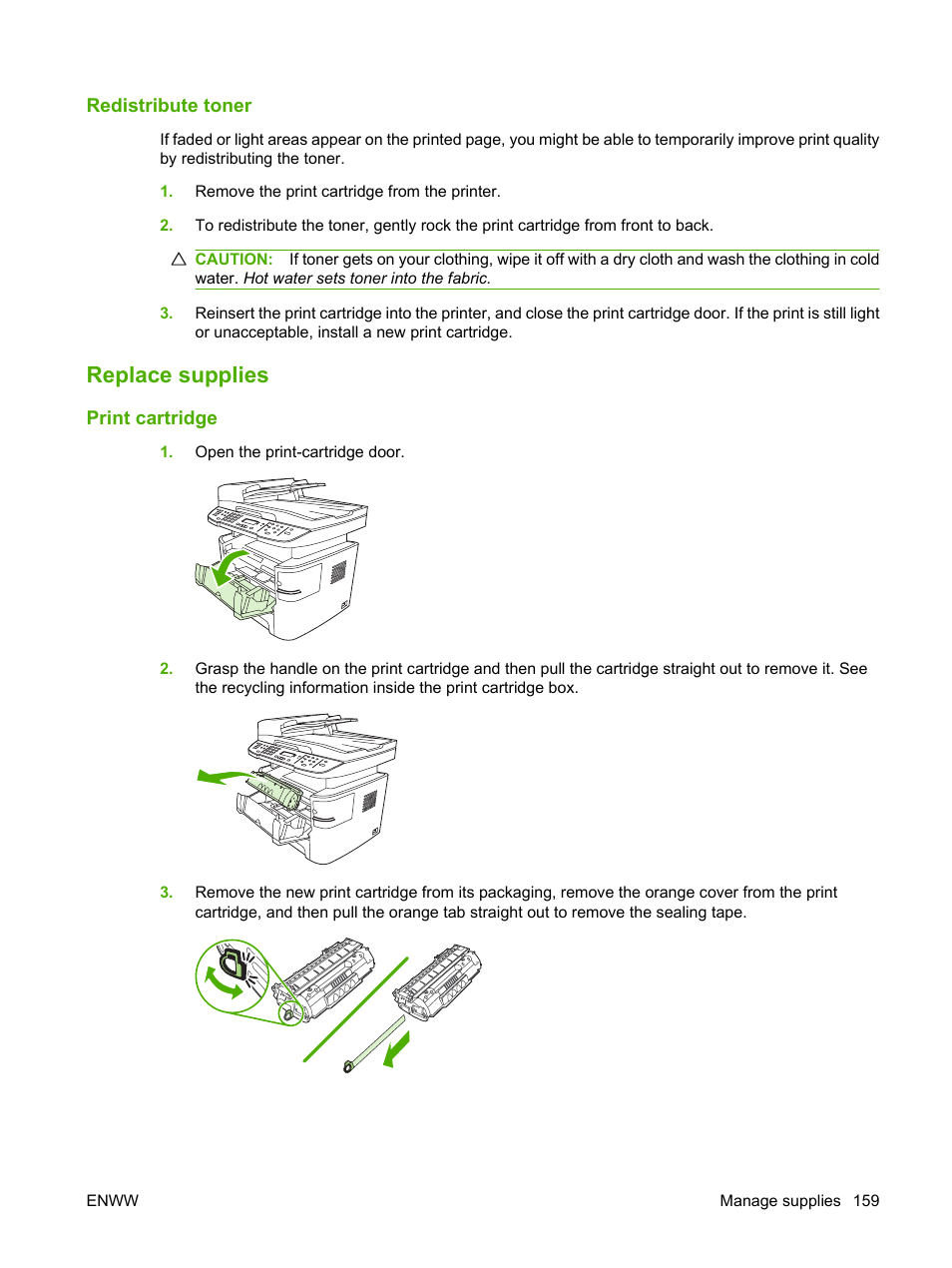 Redistribute toner, Replace supplies, Print cartridge | HP LaserJet M2727 Multifunction Printer series User Manual | Page 171 / 266