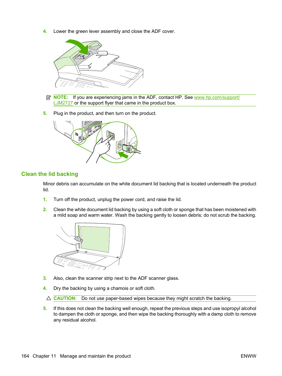 Clean the lid backing | HP LaserJet M2727 Multifunction Printer series User Manual | Page 176 / 266