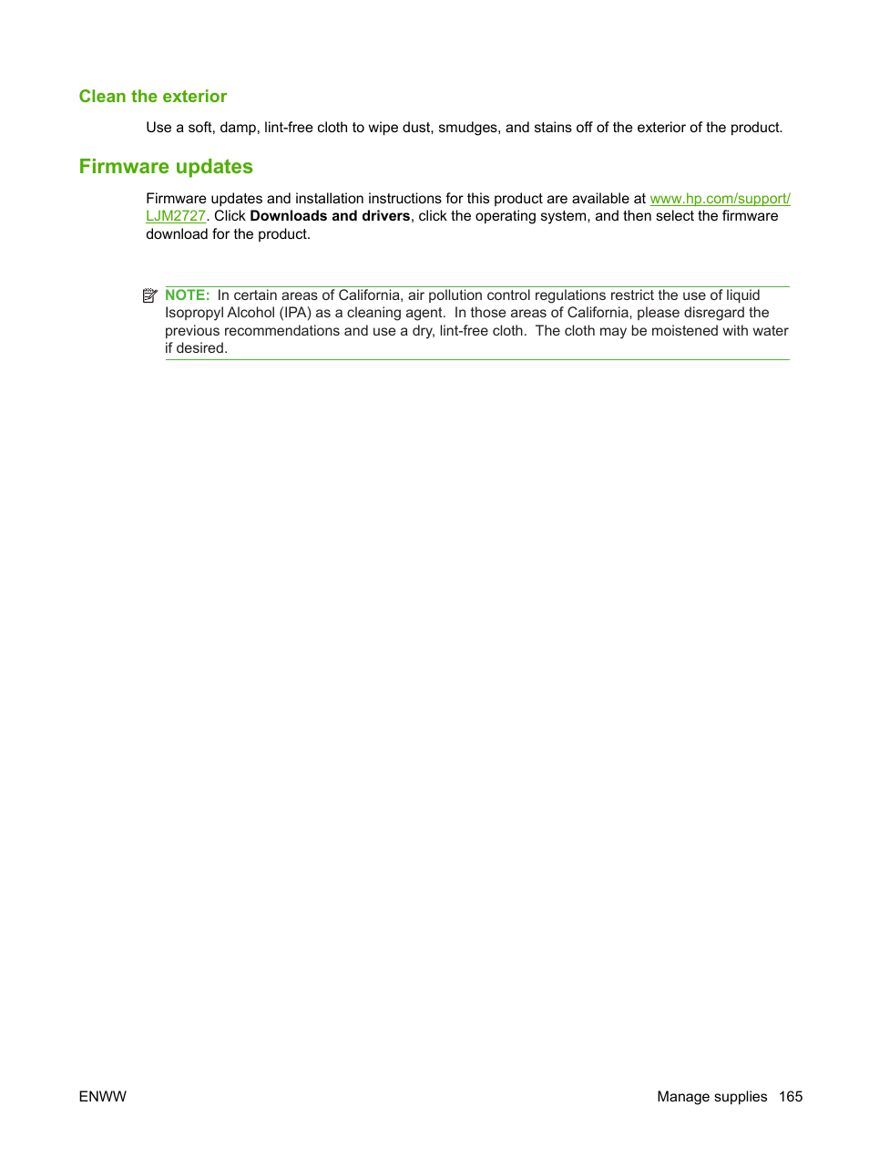 Clean the exterior, Firmware updates | HP LaserJet M2727 Multifunction Printer series User Manual | Page 177 / 266