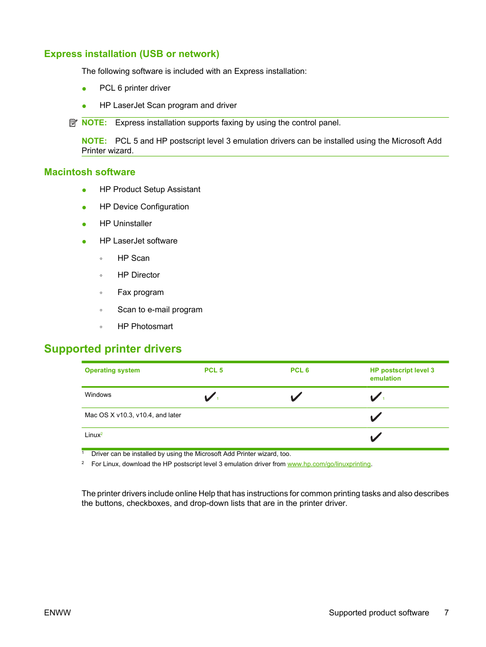 Express installation (usb or network), Macintosh software, Supported printer drivers | HP LaserJet M2727 Multifunction Printer series User Manual | Page 19 / 266