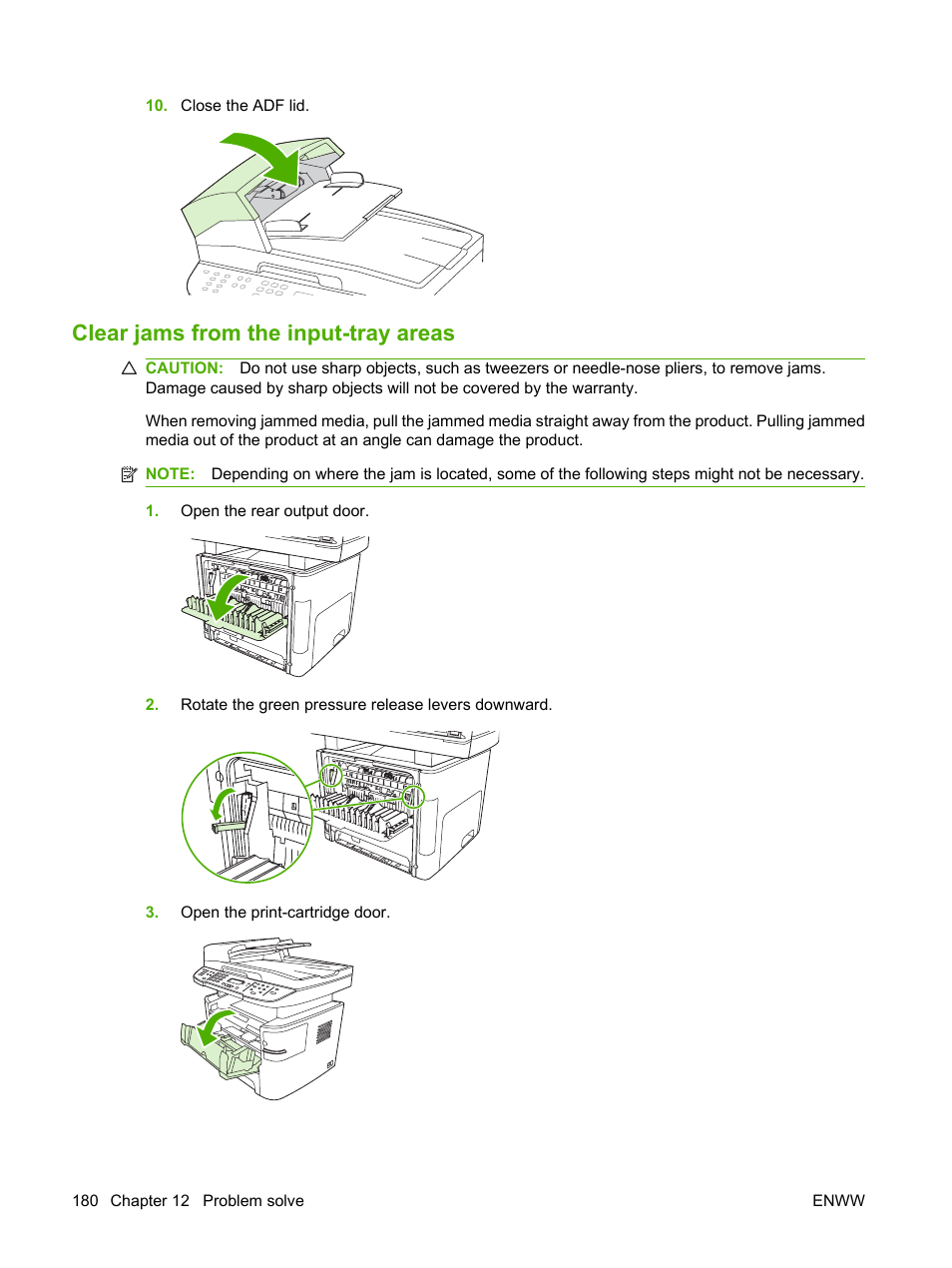 Clear jams from the input-tray areas | HP LaserJet M2727 Multifunction Printer series User Manual | Page 192 / 266