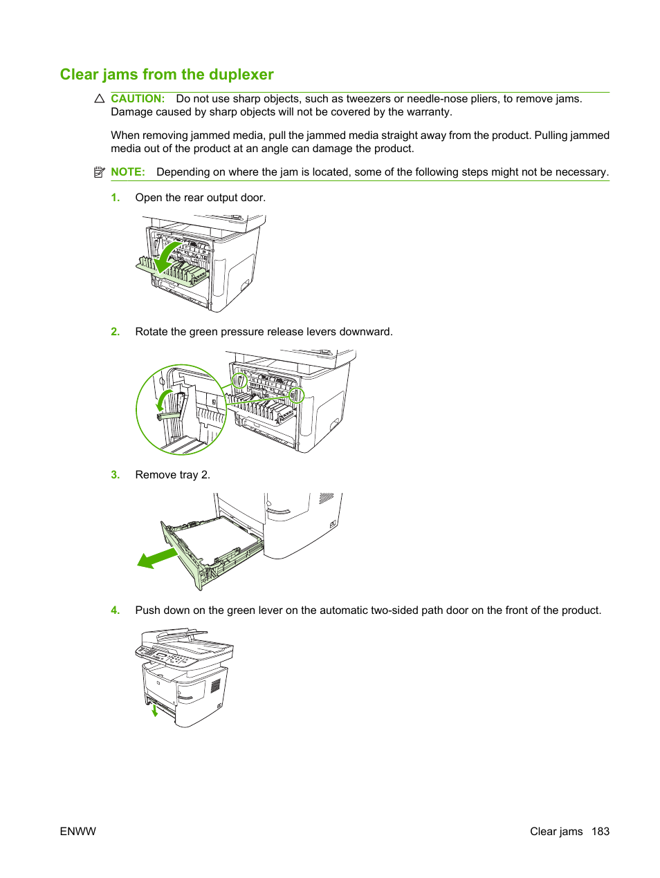 Clear jams from the duplexer | HP LaserJet M2727 Multifunction Printer series User Manual | Page 195 / 266