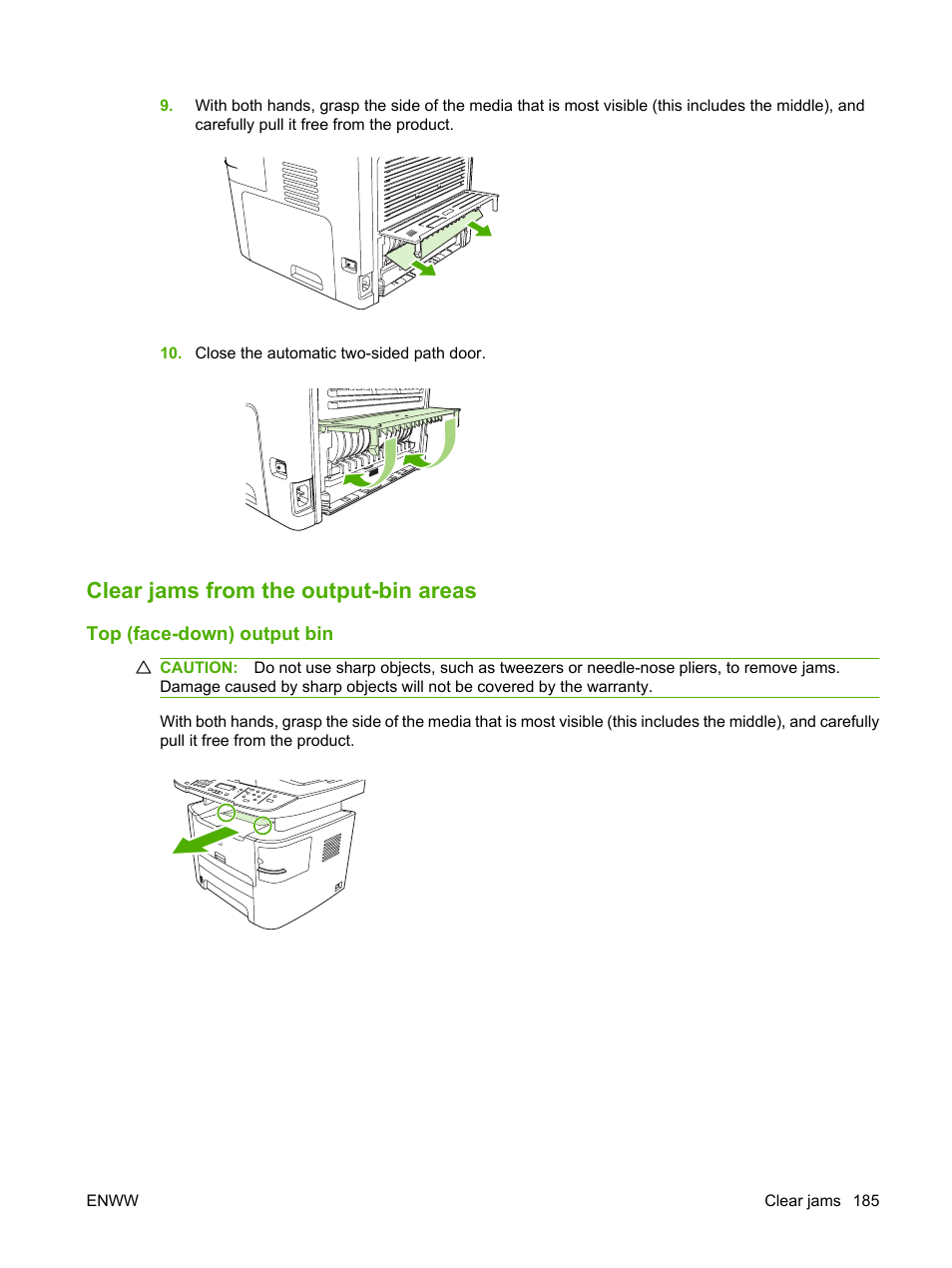Clear jams from the output-bin areas, Top (face-down) output bin | HP LaserJet M2727 Multifunction Printer series User Manual | Page 197 / 266