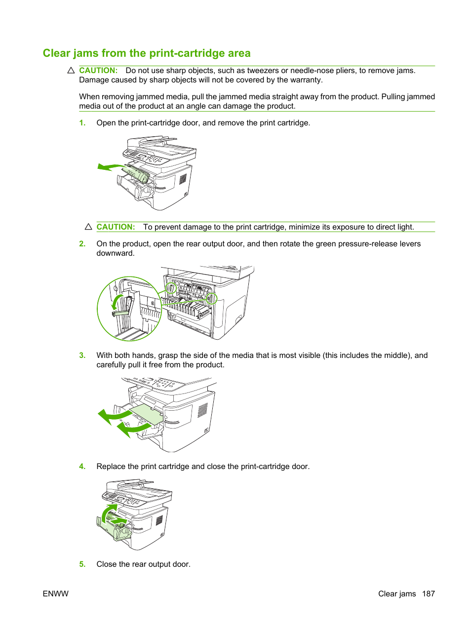 Clear jams from the print-cartridge area, Clear jams from | HP LaserJet M2727 Multifunction Printer series User Manual | Page 199 / 266