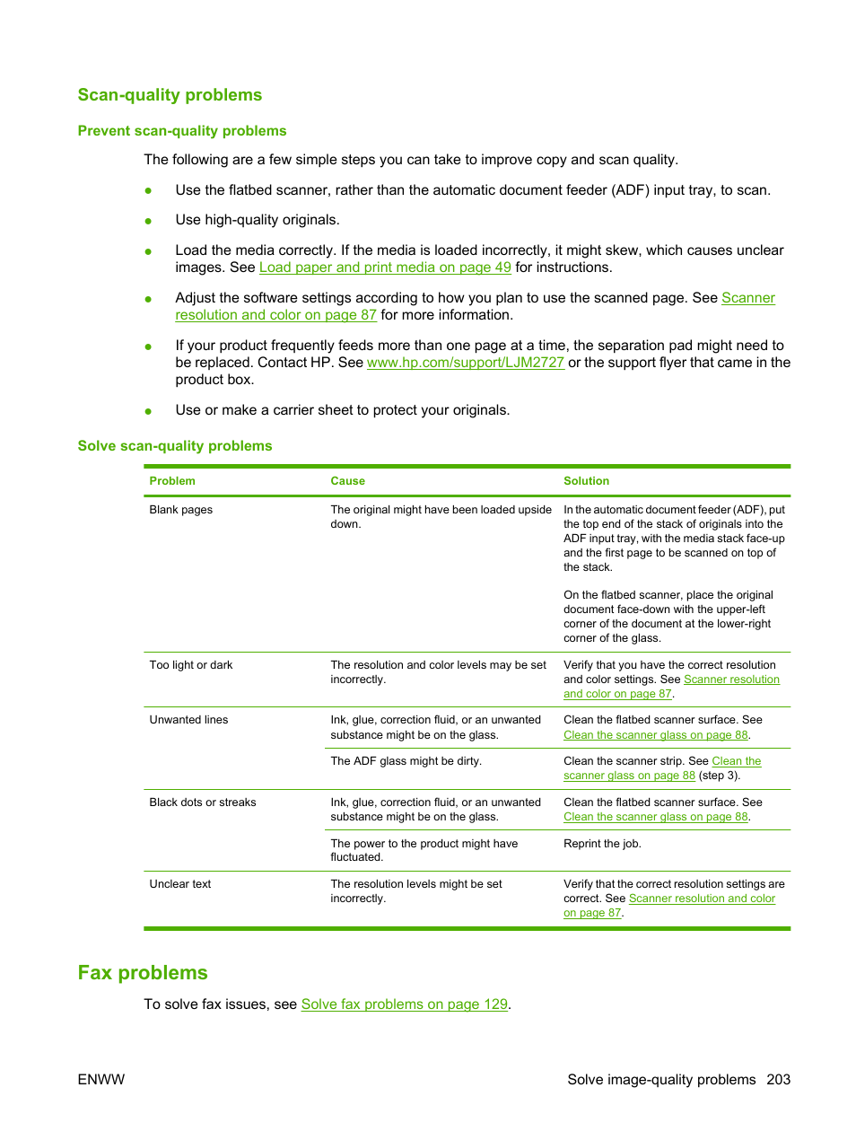 Scan-quality problems, Prevent scan-quality problems, Solve scan-quality problems | Fax problems | HP LaserJet M2727 Multifunction Printer series User Manual | Page 215 / 266