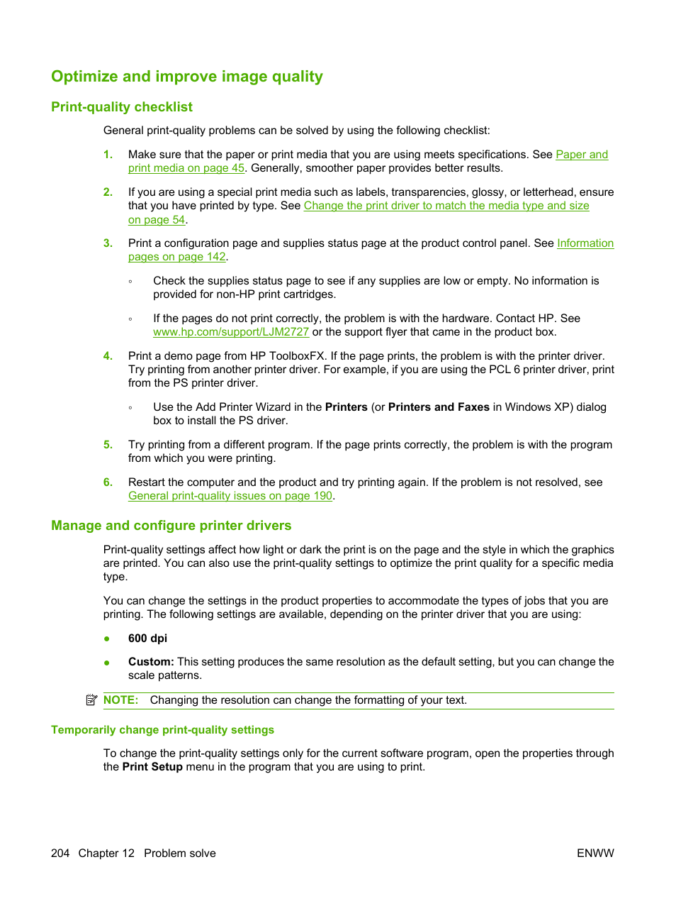Optimize and improve image quality, Print-quality checklist, Manage and configure printer drivers | Temporarily change print-quality settings | HP LaserJet M2727 Multifunction Printer series User Manual | Page 216 / 266