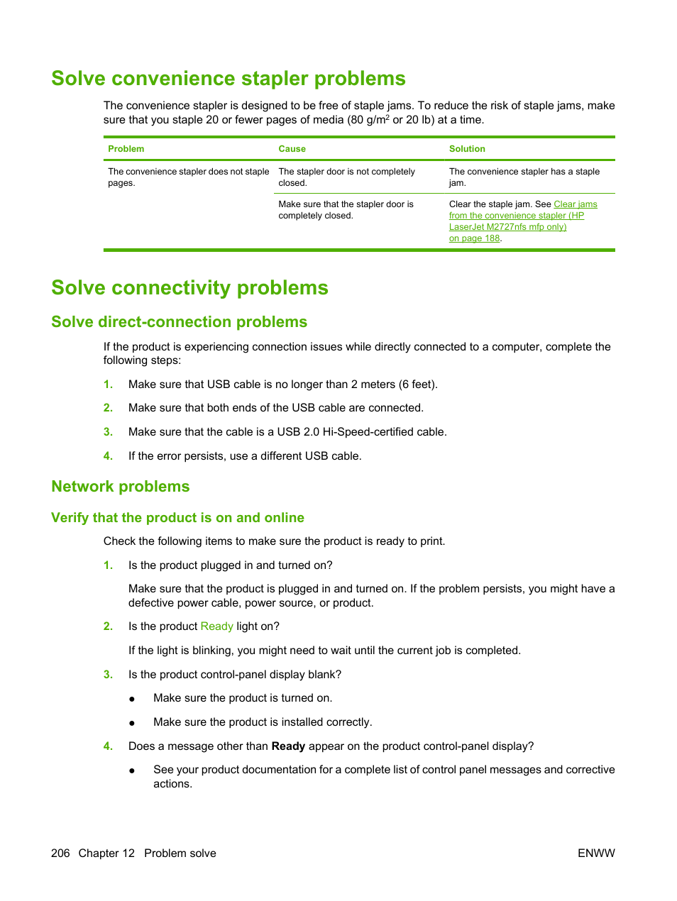 Solve convenience stapler problems, Solve connectivity problems, Solve direct-connection problems | Network problems, Verify that the product is on and online, Solve direct-connection problems network problems | HP LaserJet M2727 Multifunction Printer series User Manual | Page 218 / 266