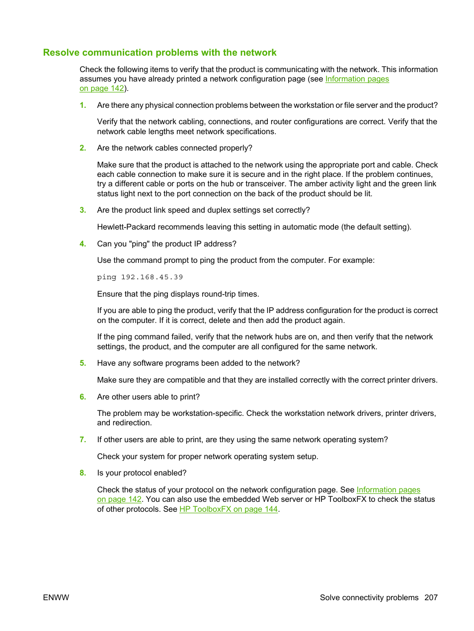 Resolve communication problems with the network | HP LaserJet M2727 Multifunction Printer series User Manual | Page 219 / 266