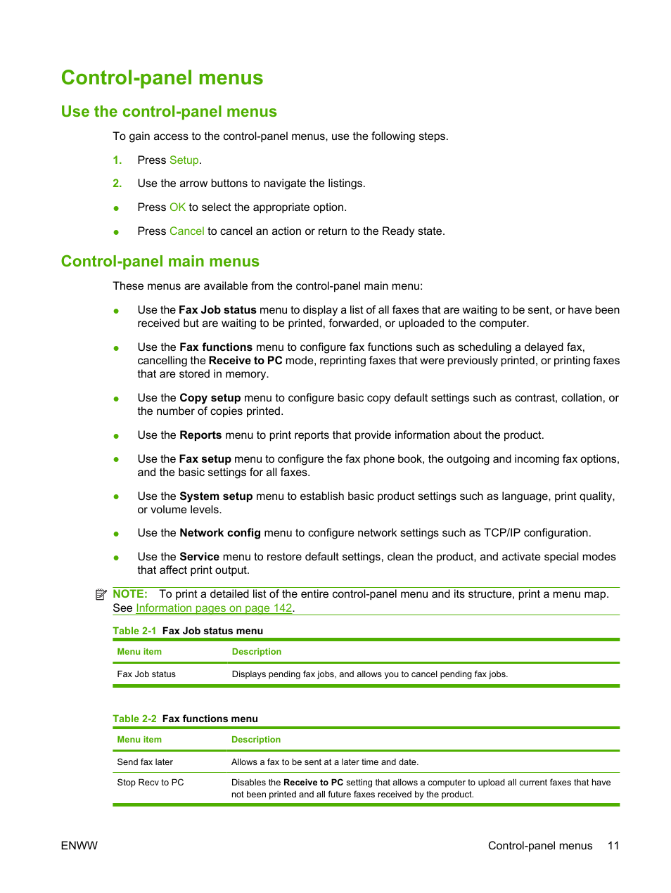Control-panel menus, Use the control-panel menus, Control-panel main menus | HP LaserJet M2727 Multifunction Printer series User Manual | Page 23 / 266