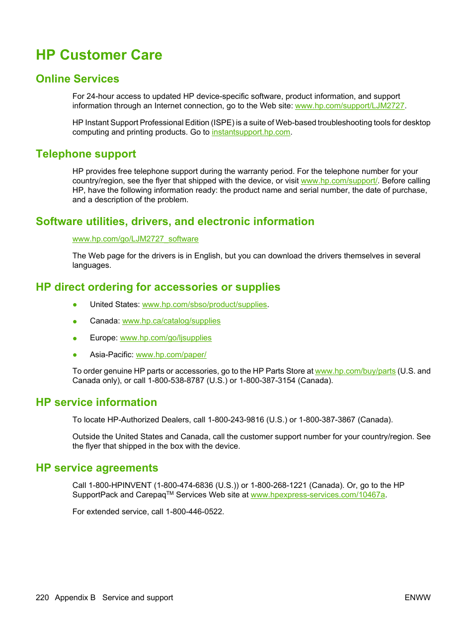 Hp customer care, Online services, Telephone support | Hp direct ordering for accessories or supplies, Hp service information, Hp service agreements | HP LaserJet M2727 Multifunction Printer series User Manual | Page 232 / 266
