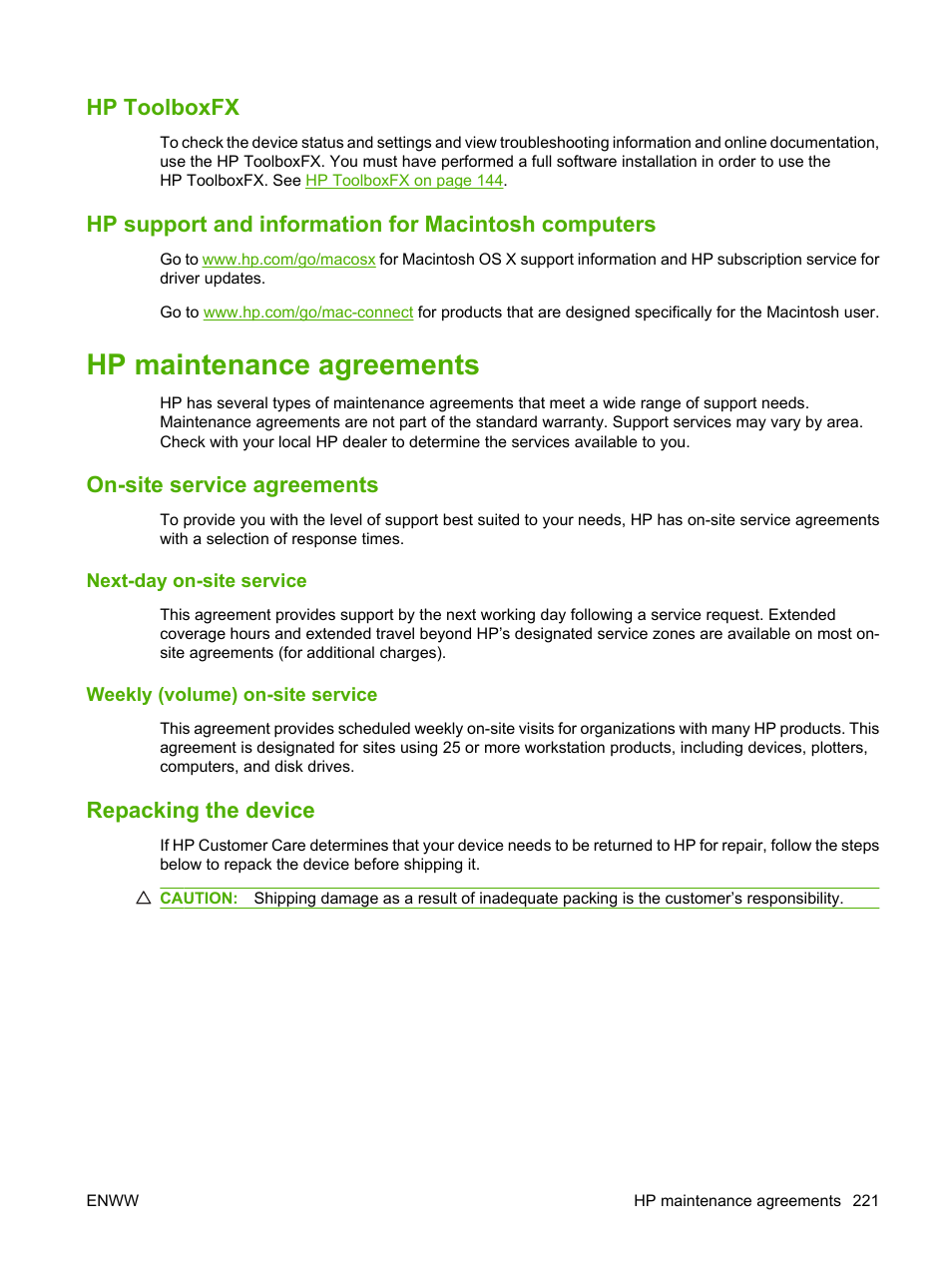 Hp toolboxfx, Hp support and information for macintosh computers, Hp maintenance agreements | On-site service agreements, Next-day on-site service, Weekly (volume) on-site service, Repacking the device, On-site service agreements repacking the device | HP LaserJet M2727 Multifunction Printer series User Manual | Page 233 / 266