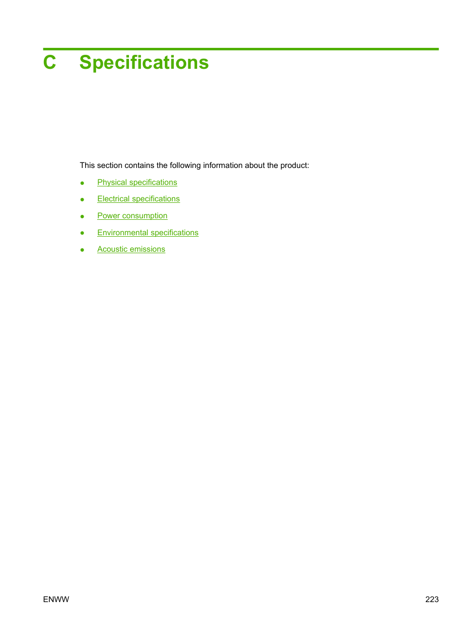 Specifications, Appendix c specifications, Cspecifications | HP LaserJet M2727 Multifunction Printer series User Manual | Page 235 / 266