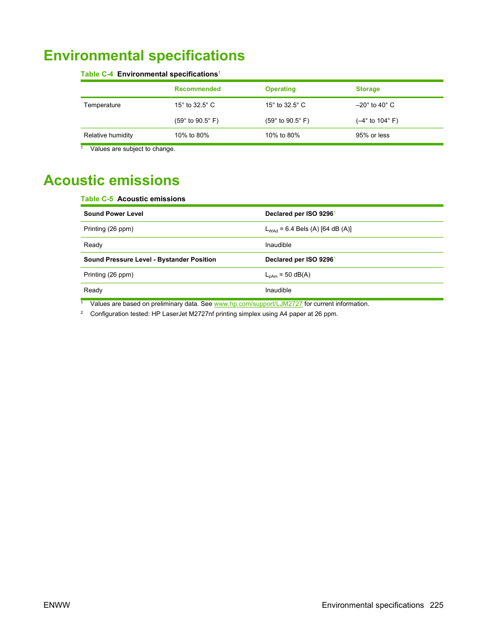 Environmental specifications, Acoustic emissions, Environmental specifications acoustic emissions | For op, Enww environmental specifications 225 | HP LaserJet M2727 Multifunction Printer series User Manual | Page 237 / 266