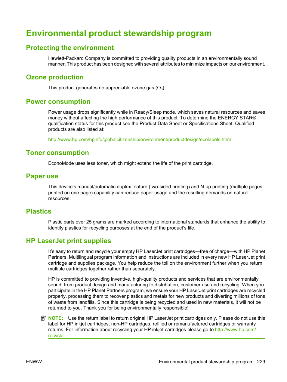 Environmental product stewardship program, Protecting the environment, Ozone production | Power consumption, Toner consumption, Paper use, Plastics, Hp laserjet print supplies | HP LaserJet M2727 Multifunction Printer series User Manual | Page 241 / 266