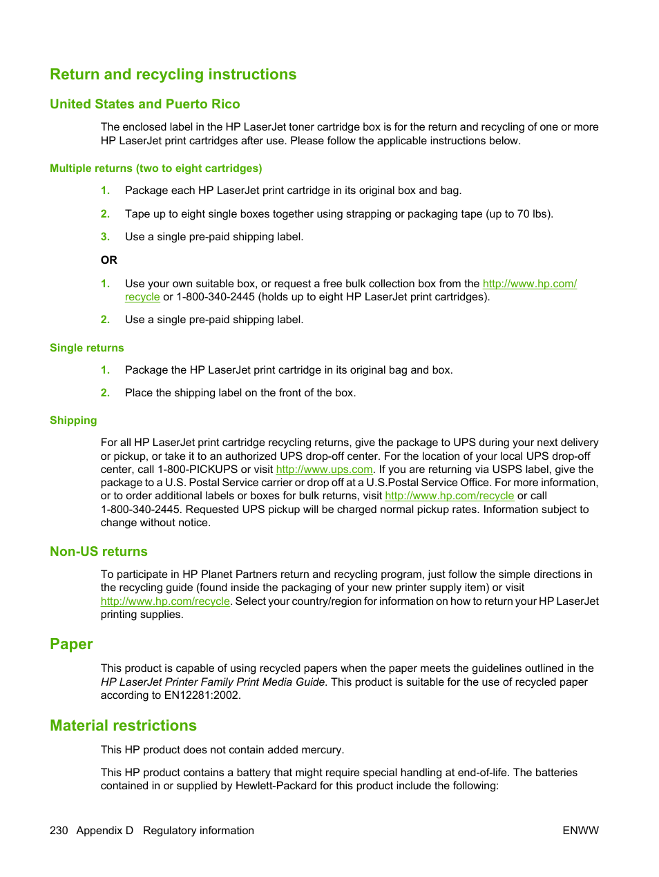 Return and recycling instructions, United states and puerto rico, Multiple returns (two to eight cartridges) | Single returns, Shipping, Non-us returns, Paper, Material restrictions | HP LaserJet M2727 Multifunction Printer series User Manual | Page 242 / 266
