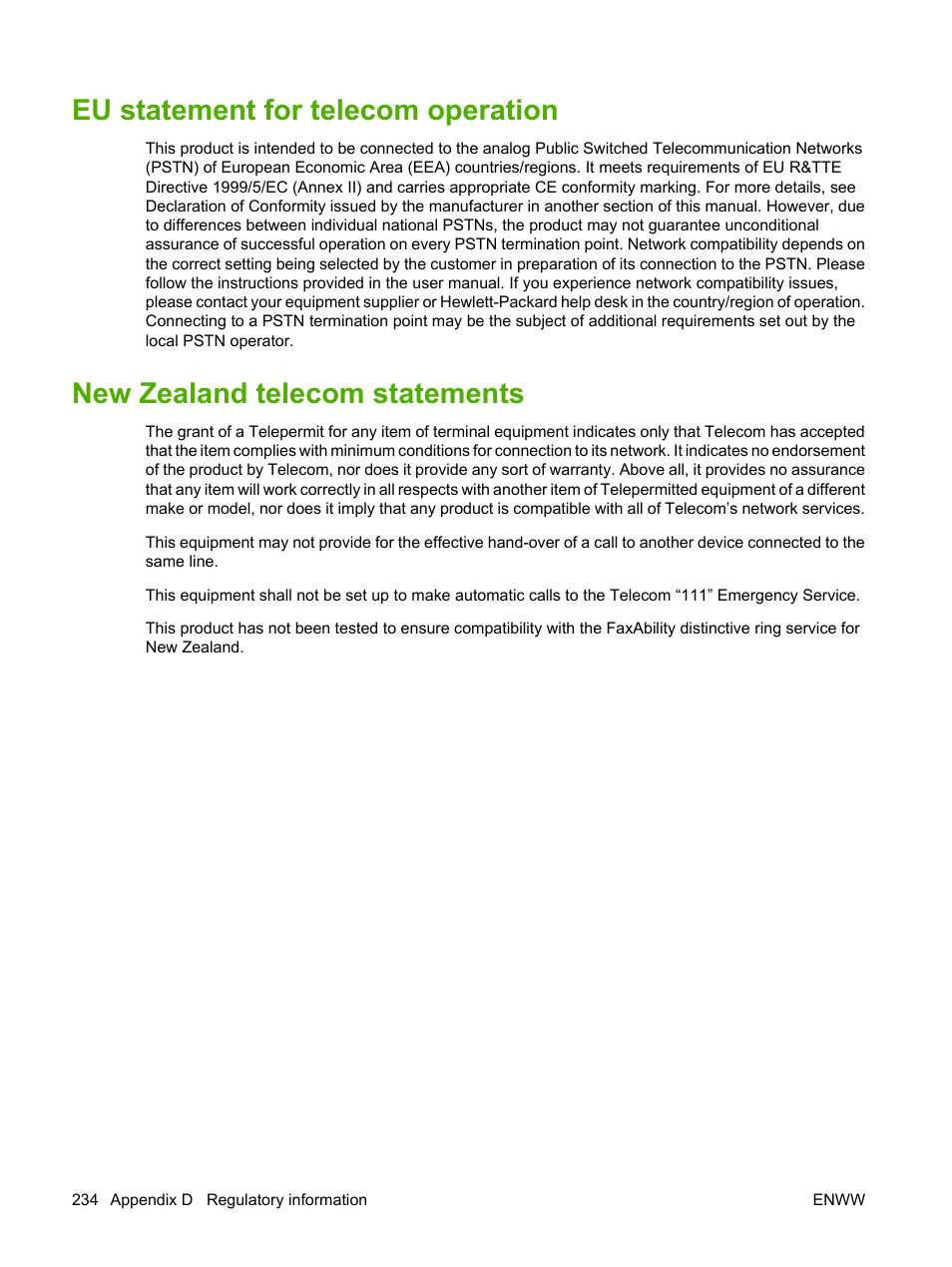 Eu statement for telecom operation, New zealand telecom statements | HP LaserJet M2727 Multifunction Printer series User Manual | Page 246 / 266