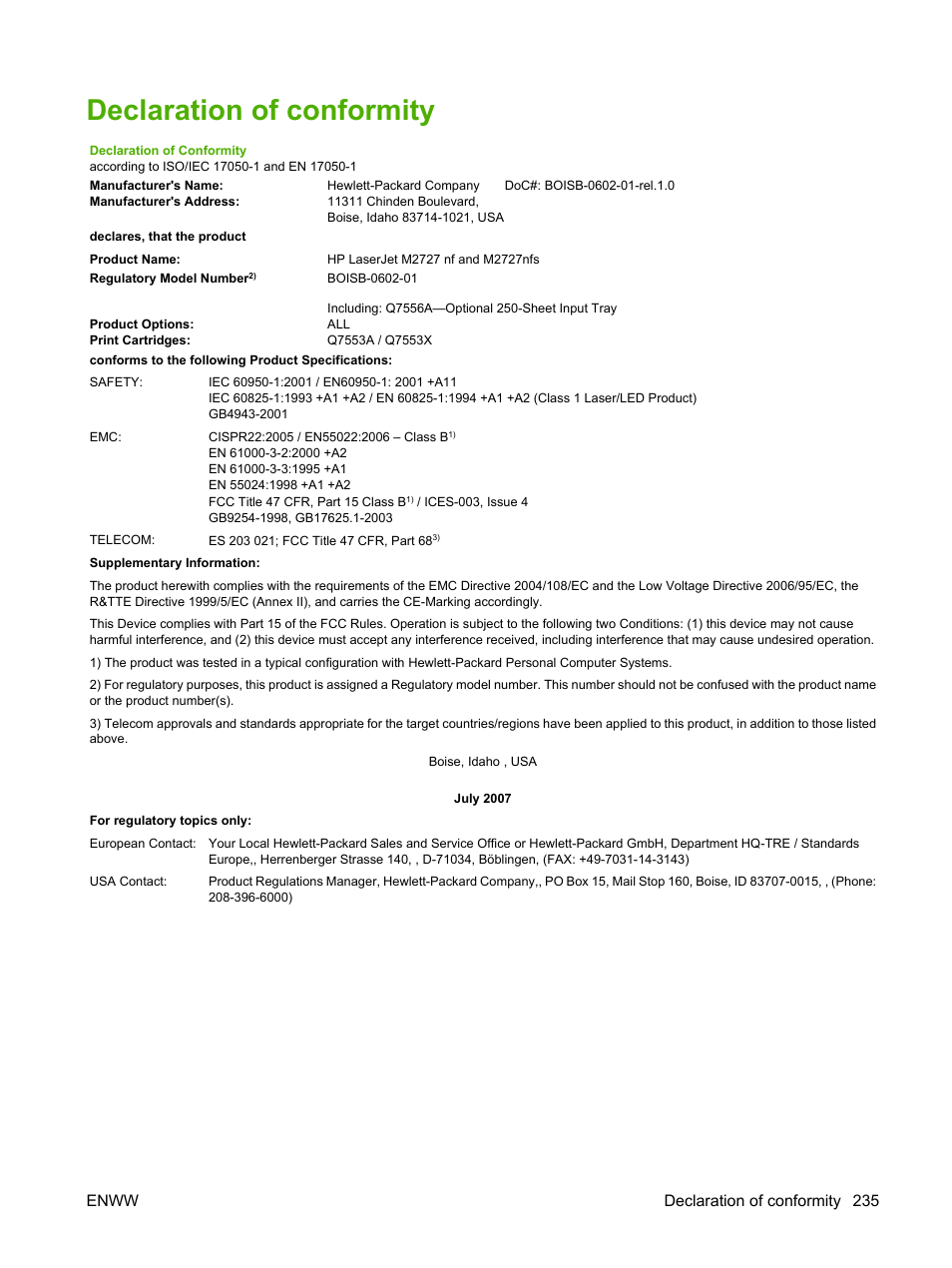 Declaration of conformity, Enww declaration of conformity 235 | HP LaserJet M2727 Multifunction Printer series User Manual | Page 247 / 266