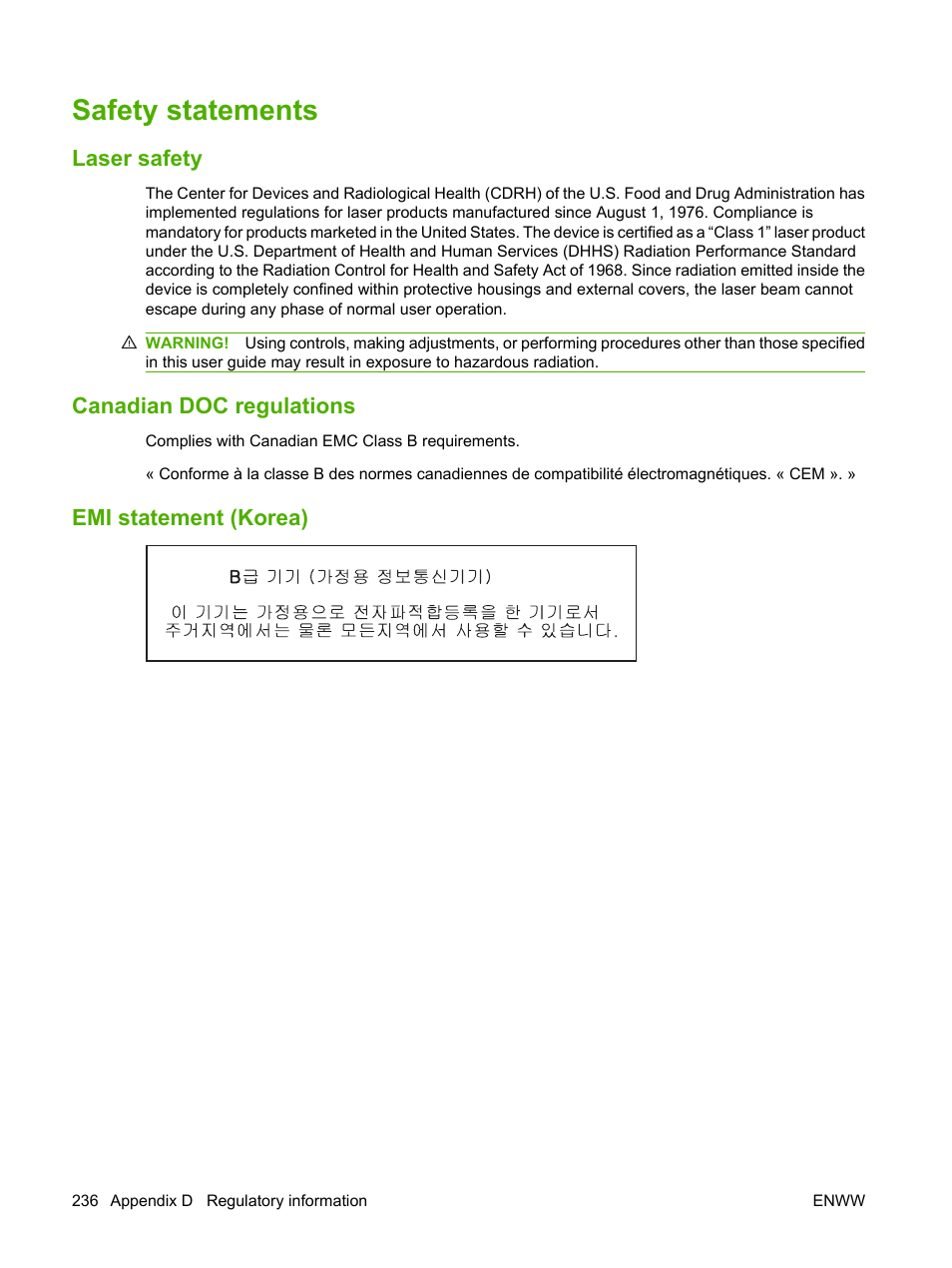 Safety statements, Laser safety, Canadian doc regulations | Emi statement (korea) | HP LaserJet M2727 Multifunction Printer series User Manual | Page 248 / 266