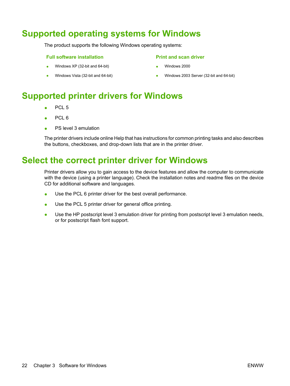 Supported operating systems for windows, Supported printer drivers for windows, Select the correct printer driver for windows | HP LaserJet M2727 Multifunction Printer series User Manual | Page 34 / 266