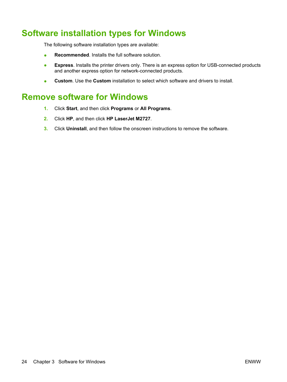 Software installation types for windows, Remove software for windows | HP LaserJet M2727 Multifunction Printer series User Manual | Page 36 / 266