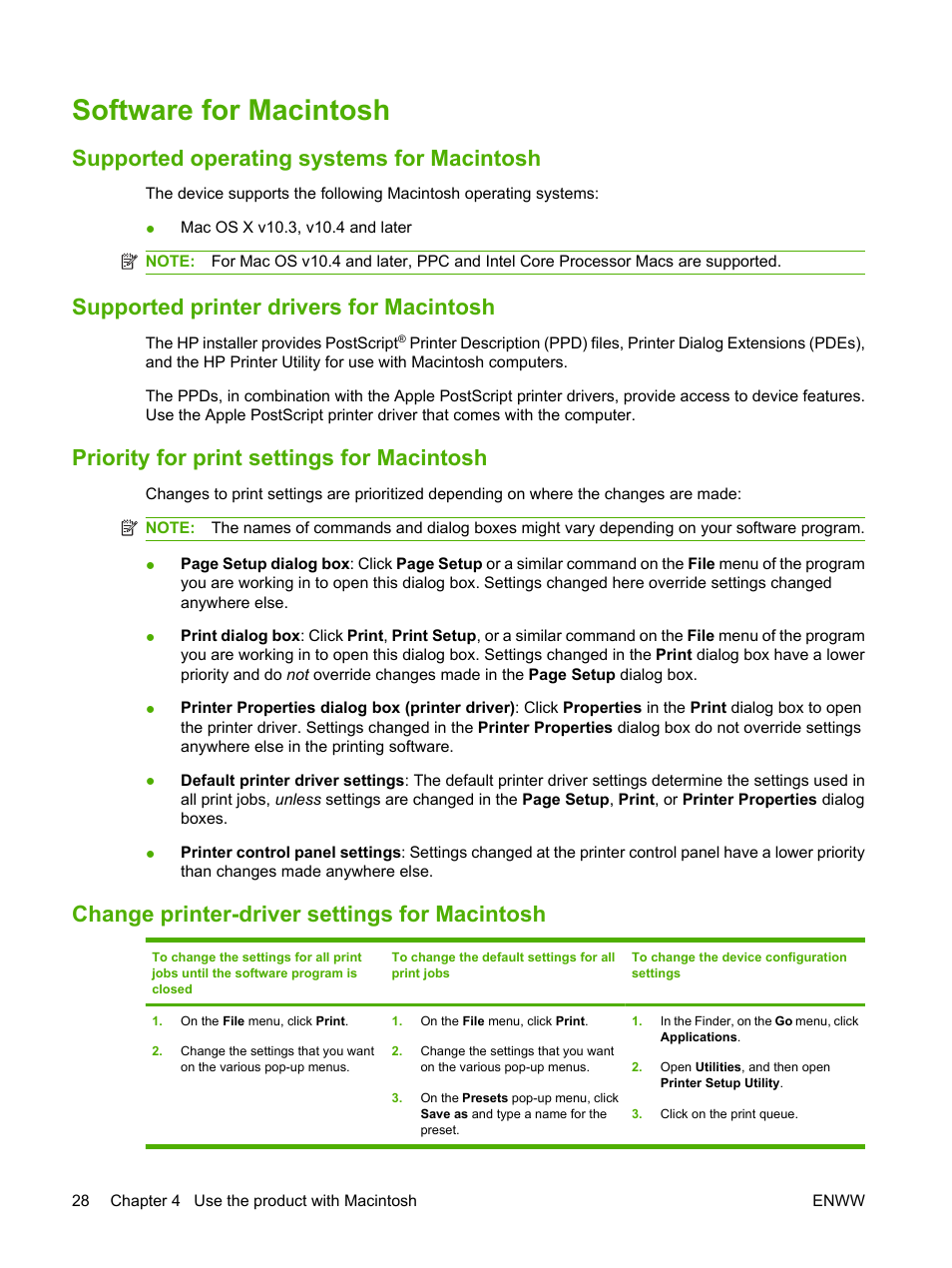Software for macintosh, Supported operating systems for macintosh, Supported printer drivers for macintosh | Priority for print settings for macintosh, Change printer-driver settings for macintosh | HP LaserJet M2727 Multifunction Printer series User Manual | Page 40 / 266