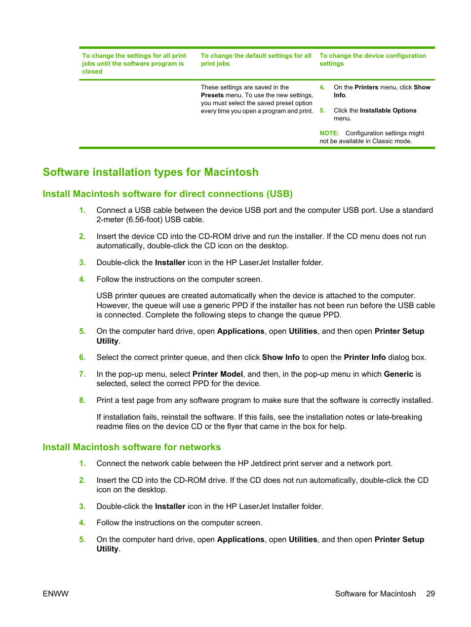 Software installation types for macintosh, Install macintosh software for networks | HP LaserJet M2727 Multifunction Printer series User Manual | Page 41 / 266