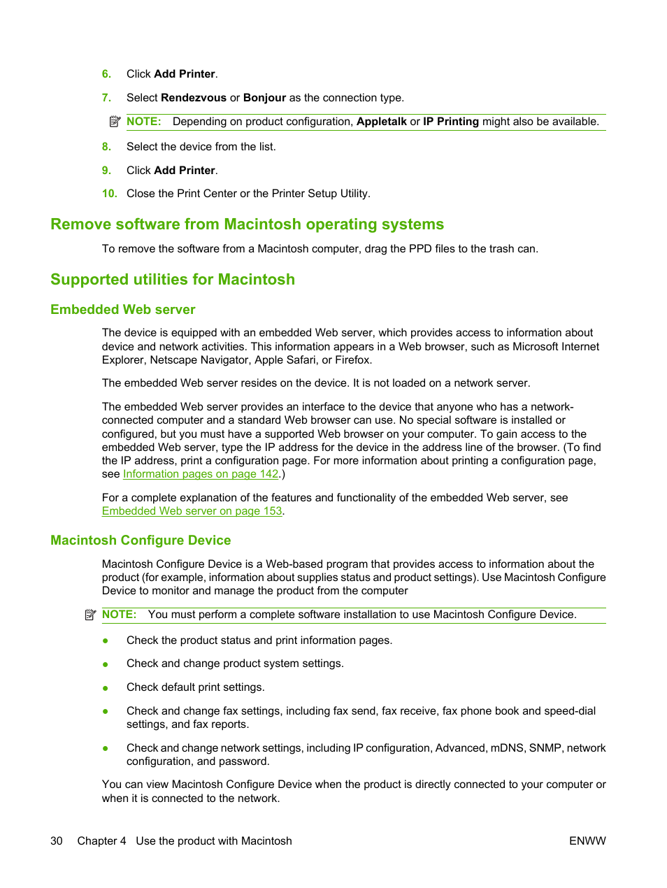 Remove software from macintosh operating systems, Supported utilities for macintosh, Embedded web server | Macintosh configure device | HP LaserJet M2727 Multifunction Printer series User Manual | Page 42 / 266